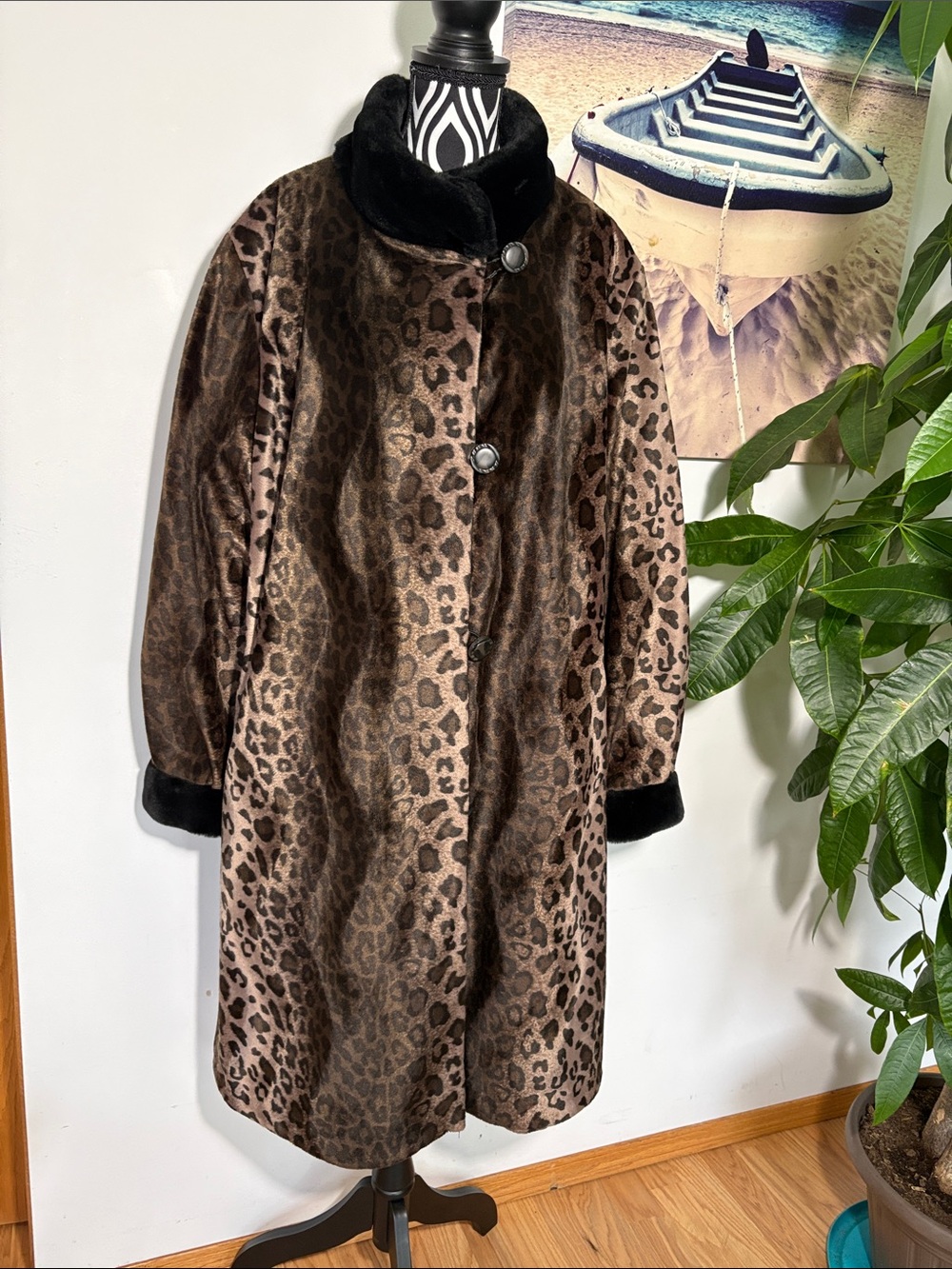 Vintage Bernardo Leopard-Print Faux Fur Coat with Black Trim